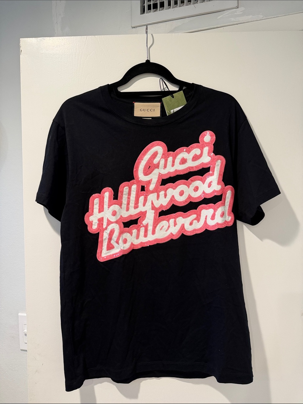 Gucci Black Tee with Pink Script Logo